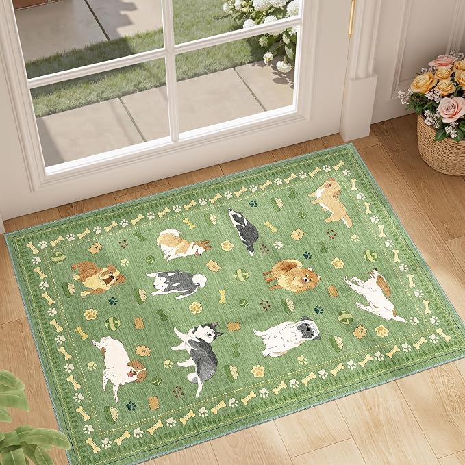 DUKINO 2x3 Entryway Rug, Washable Small Door Mat Indoor Entance Lightweight Area Rug with Non Slip, Low Pile & Non Shedding Animal Dog Throw Carpet for Kitchen, Bathroom, Bedroom, Kids Room, Green