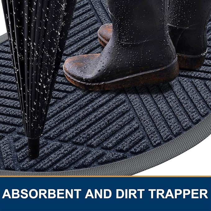 Smiry Half Circle Front Door Mat Outside Entrance, Heavy Duty Sturdy Natural Rubber Doormat, Trap Dirt and Moisture, Low Profile Mats for Indoor Outdoor Entry, Irregular Triangle (35x23, Navy Blue)
