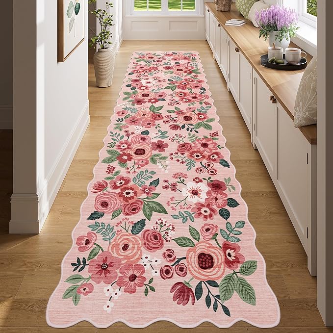 DUKINO 2x8 Washable Runner Rug, Lightweight Soft Floral Hallway Rug Runner with Low Pile Design, Non Shedding & Non Slip Backing Thin Indoor Carpet for Bedroom, Bathroom, Entrance, Kitchen, Pink
