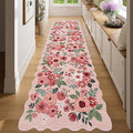 DUKINO Washable Runner Rug, 2x7 Lightweight Soft Floral Hallway Rug Runner with Low Pile Design, Non Shedding & Non Slip Backing Thin Indoor Carpet for Bedroom, Bathroom, Entrance, Kitchen, Pink