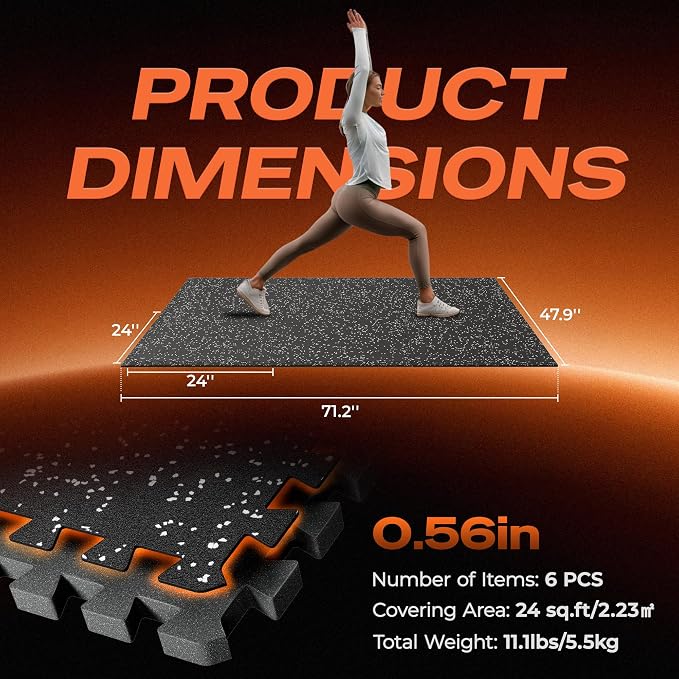 SUPERJARE 0.56'' Thick 6 Pcs 24 Sq Ft Rubber Top Exercise Equipment Mats, High Density EVA Foam Mats with Rubber Top, Interlocking Gym Flooring for Home Gym, Protective Workout Mat, Black/Grey