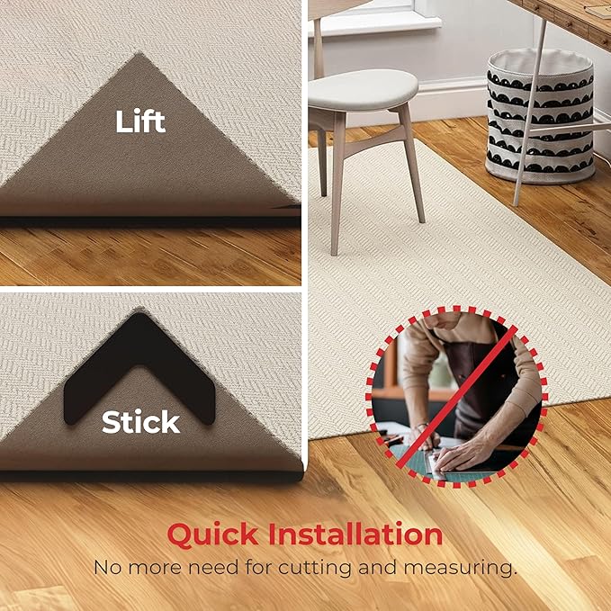 NeverCurl 4-Pack V Shape Rug Corner Grippers - Rug Gripper for Hardwood Floors and Outdoor Surfaces - Stops Curling Corners - Safe Carpet Tape Alternative - Works on Rug Corners Indoors