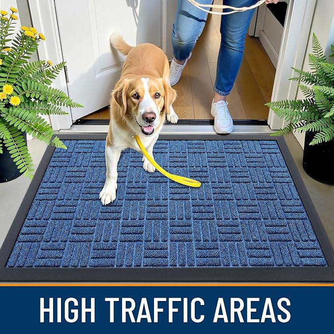 OLANLY Front Door Mat Outside Entrance 29.5x17, Absorbent, Heavy Duty Sturdy Natural Rubber Doormat Indoor Outdoor, Non-Slip, Stain and Fade Resistant, Low Profile Floor Mat for Entryway, Ocean Blue