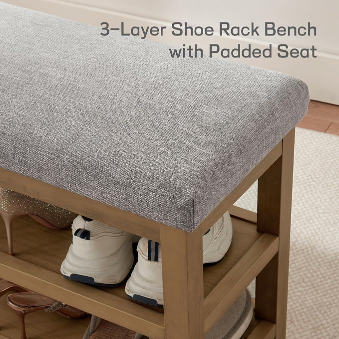 Zihanhome 2 Tier Shoe Rack Bench with Cushion, Solid Wood Shoe Benches, Mid-Century Modern Shoe Storage Bench for Entryway, Hallway, Living Room, Closet, Front Door Entrance, (Grey, 39.4")