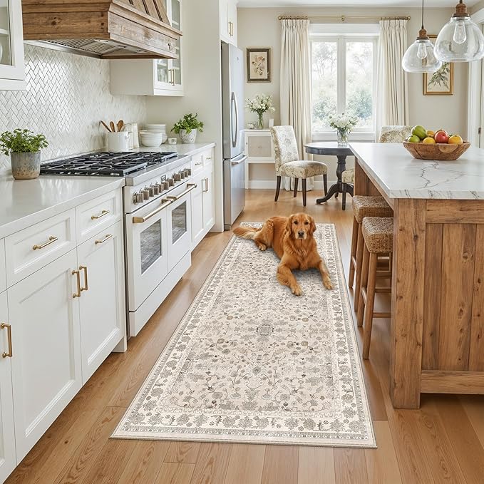3x7 Washable Non-Slip Kitchen Runner Rug – Soft Low-Pile Stain-Resistant Carpet for Hallway Entryway Bedroom Laundry Room Bathroom – Boho Floral Wide Floor Runner with Rubber Backing (Beige,3x7)