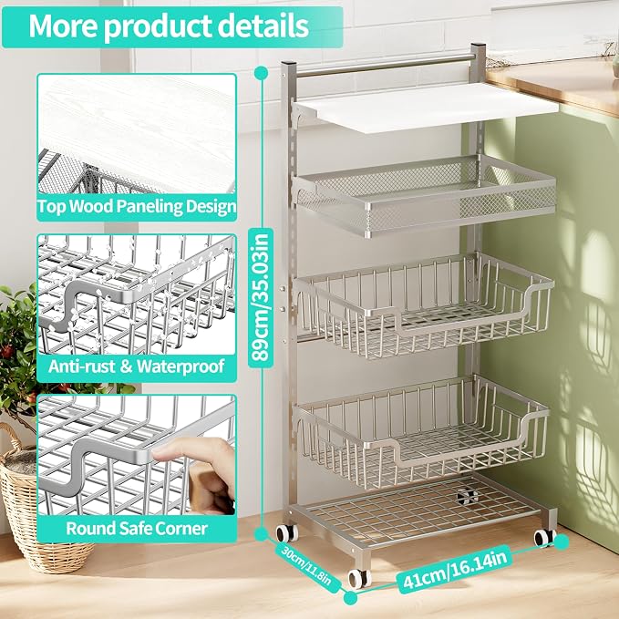 HapiRm Fruit Basket Kitchen Cart - 5 Tier Adjustable Vegetable Storage Rack, Large Capacity Rolling Kitchen Carts on Wheels for Snack Onion and Potato Storage