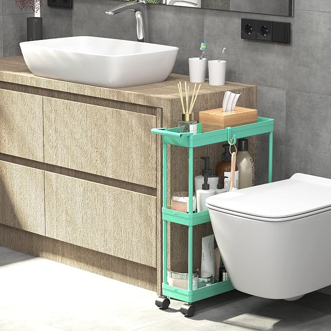 Simple Houseware 3-Tier Slim/Narrow Storage Cart with Handle, 5.5'' Wide x 27.5'' Height Rolling Organizer for Kitchen, Bathroom, Laundry Room - Turquoise