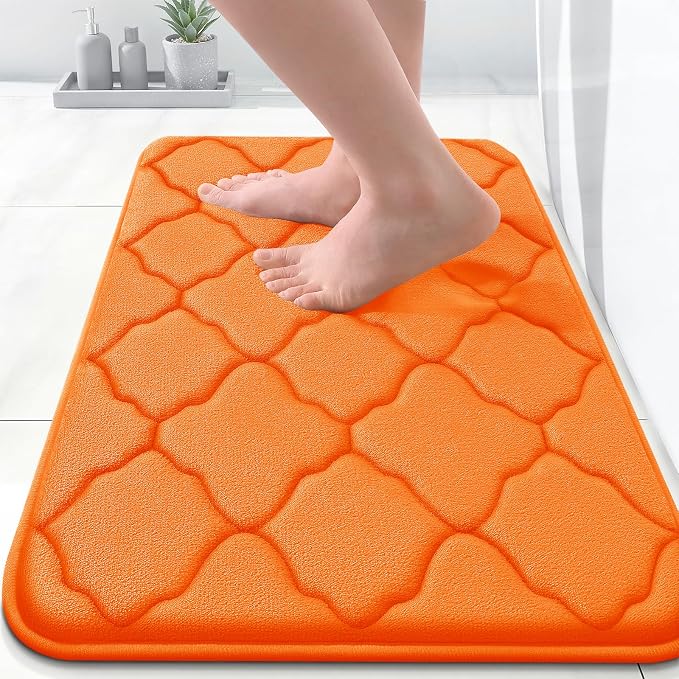 OLANLY Memory Foam Bath Mat Rug 24x16, Ultra Soft and Absorbent Bathroom Rugs, Non-Slip, Comfortable, Machine Washable Bath Carpet for Bathroom Floor, Tub, Shower and Home Decor Accessories, Orange