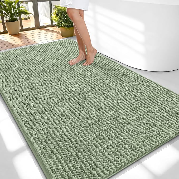 OLANLY Thick Large Bathroom Rugs 59x35, Extra Soft Absorbent Chenille Bath Rugs, Rubber Backing, Machine Wash Dry, Bath Mats for Bathroom Floor, Tub and Shower, Home Decor Accessories, Sage Green