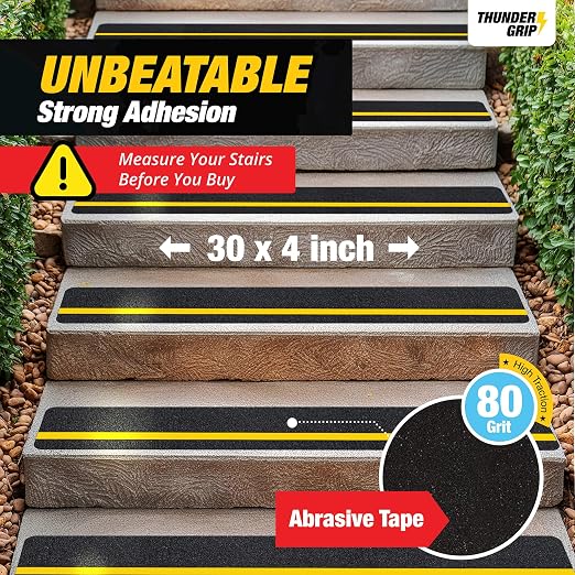Reflective Grip Tape for Stairs 30" x 4" - 12-Pack Outdoor Stair Treads Non-Slip Weather Resistant - Anti Slip Tape for Exterior Wooden Steps - Waterproof 80-Grit Adhesive Treads by Thunder Grip