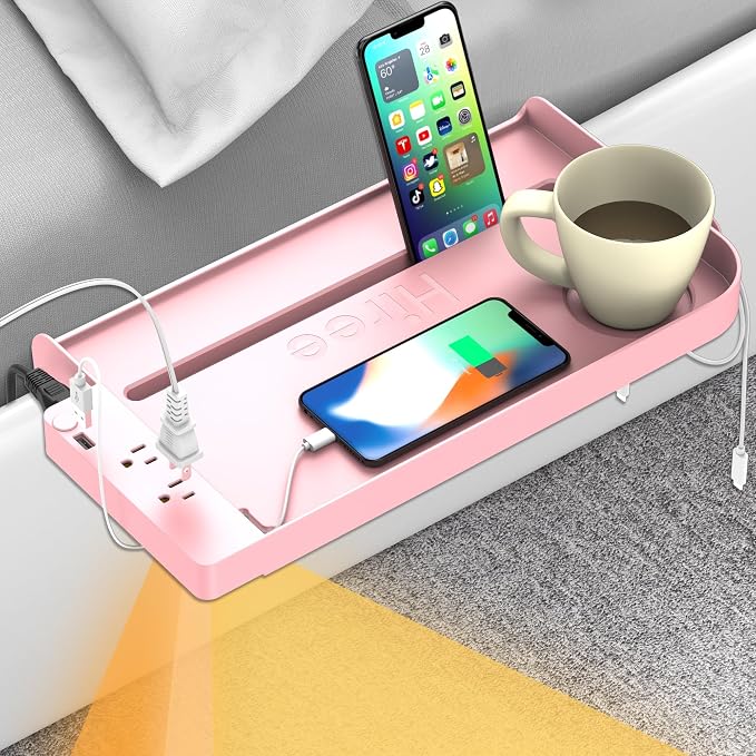 Hiree Bedside Shelf for Dorm Bunk Bed with USB Charging Port and 2 AC Outlets, Bed Side Table Tray Organizer, College Dorm Essential, Clip On Bedside Tray, Cool Teen Girls Trendy Stuff (Pink)