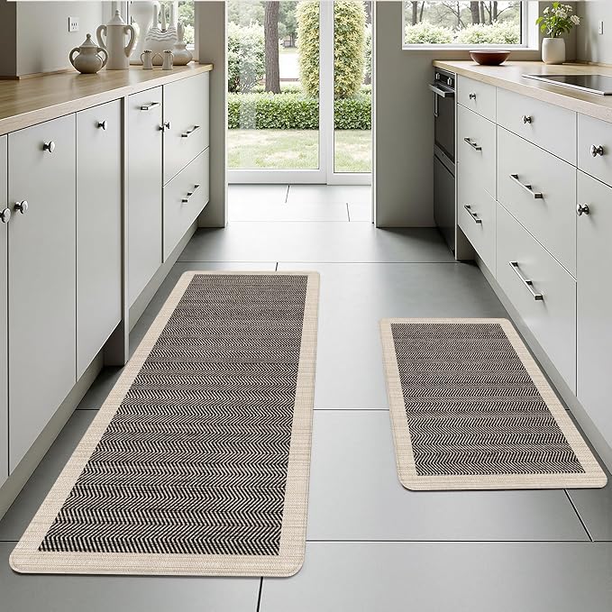 Black Vintage Boho Elegance Kitchen Rug Sets [2 PCs], Anti-Fatigue, Waterproof Non-Slip Kitchen Mats Heavy Duty Comfort Foam Rug for Kitchen, Floor, Laundry,17"x29"+17"x47"
