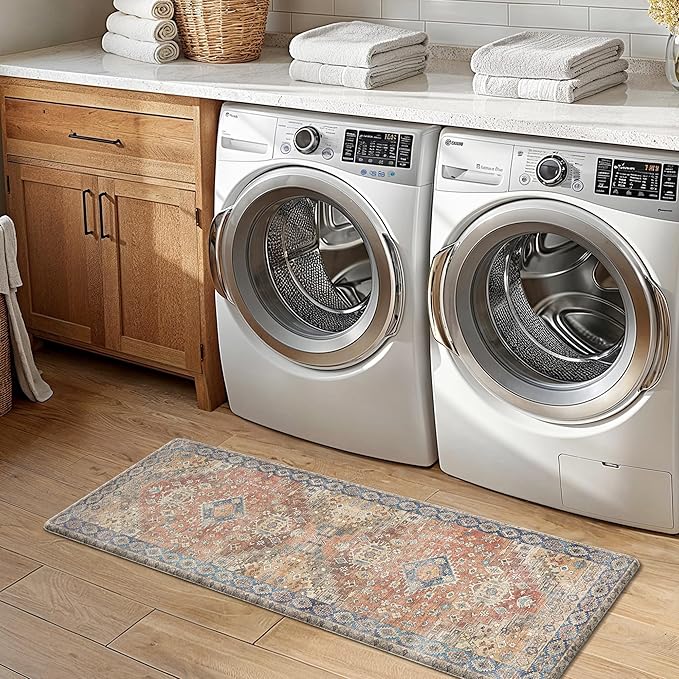 GENIMO Kitchen Mats for Floor, 2PCS Kitchen Rugs Non Slip Washable, Waterproof Anti Fatigue Mat, Comfort Standing Runner Rug for Sink, Office, Laundry, Home, 17.3"x47"+17.3"x30", RetroBrick
