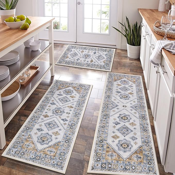 HEBE Boho Kitchen Rug Sets 3 Piece with Runner Non Slip Kitchen Rugs and Mats Washable Kitchen Mats for Floor Thick Kitchen Floor Mat Carpet Runner Rugs for Hallway Laundry Holiday Decor
