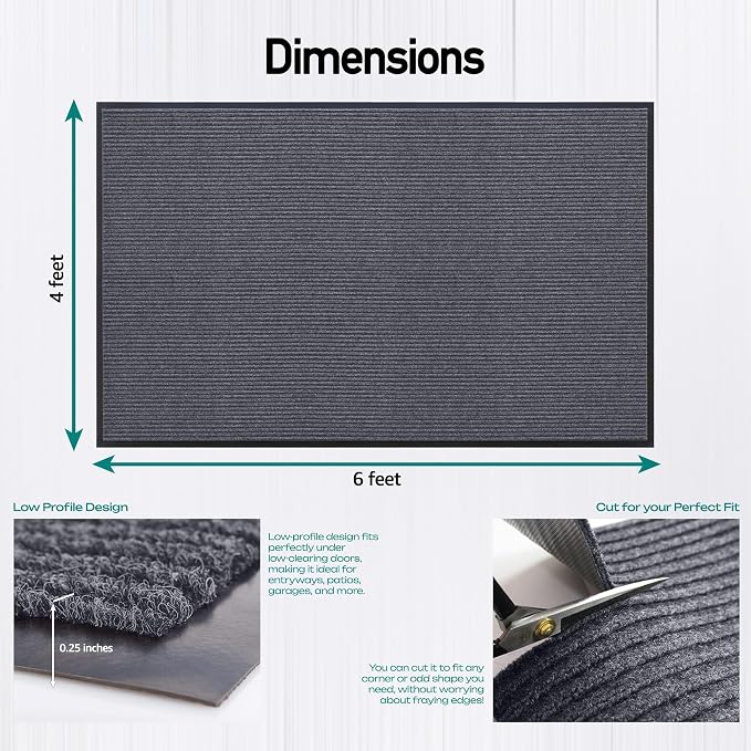 MaxMat® Large Rubber Doormat - Heavy Duty, Commercial Grade, Waterproof, Low-Profile, Easy to Clean Floormat (4 x 6 Feet, Grey, MXM-RIB0046GY)