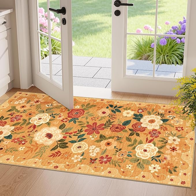 DUKINO 2x4 Rug for Entryway, Washable Kitchen Floral Runner Rug with Non Slip Backing, Low Pile Soft Boho Carpet for Kitchen, Hallway, Entryway, Laundry, Bedroom, Orange