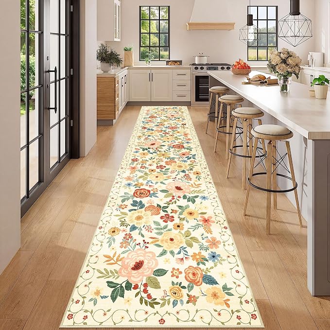 DUKINO 2.6x12 Kitchen Runner Rug, Lightweight Floral Washable Rug for Hallway, Boho Low Pile & Non Slip Backing Soft Floor Carpet for Entryway, Bedroom, Bathroom, Laundry, Beige Yellow