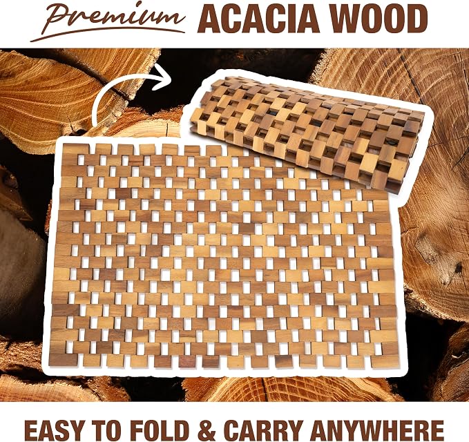 Acacia Wood Bath Mat - Non Slip Sturdy Wooden Bathroom Mat - Large Outdoor Shower Mat for Indoor & Outdoor Shower, Spa, Sauna, Cold Plunge, Camping 16" x 24"