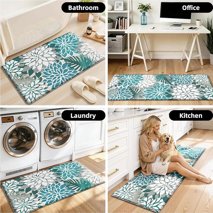 Arenarug Kitchen Mats for Floor 2PCS Cushioned Anti Fatigue Kitchen Mats Waterproof Non Slip Kitchen Mat Rug Set Comfort Foam Standing Mat for Sink, Laundry, Office, 24"x39"+24"x59", Teal