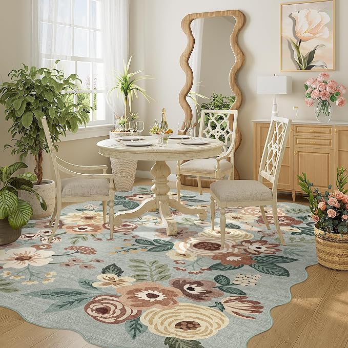 DUKINO 4x6 Area Rug, Floral Non-Slip Indoor Washable Rug with Low Pile & Non-Shedding, Lightwight Boho Design Carpet for Entryway, Bedroom, Kids Room, Living Room, Kitchen, Sage Green
