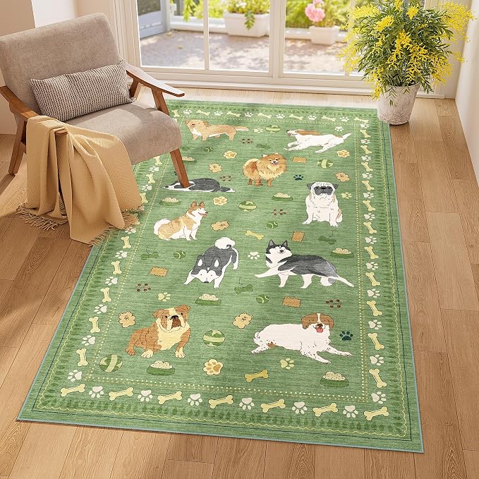 DUKINO 3x5 Area Rug, Lightweight Washable Entryway Rug with Non Slip & Low Pile, Soft Non Shedding Animal Dog Print Pattern Indoor Throw Carpet for Bedroom, Kitchen, Bathroom, Kids Room, Office, Green