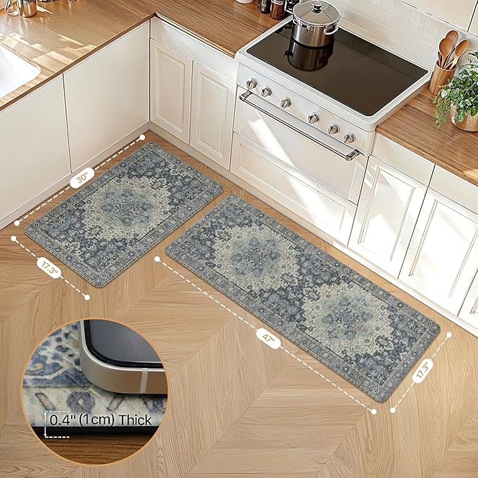 GENIMO Kitchen Mats for Floor 2PCs, Washable Anti Fatigue Mat for Cushioned, 17.3"x59"+17.3"x30", Waterproof Kitchen Rugs, Non Slip Comfort Standing Mat Rug for Home, Sink, Laundry, Center Blue