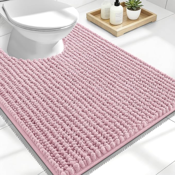 OLANLY Thick Toilet Rugs U-Shaped 24x20, Extra Soft Absorbent Shaggy Chenille Contour Bathroom Rugs for Toilet, Dry Quickly, Machine Washable, Non-Slip Bath Mat, Dusty Rose