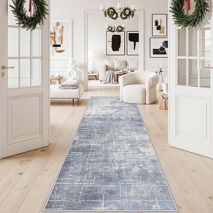 Abstract 3x10 Kitchen Rug Runners: Washable 10ft Hardwood Floor Mat Bathroom Living Room Bedroom Beside Mat Non-Slip Hallway Entry Area Rug Soft Indoor Farmhouse Carpet for Families(3x10,Blue/Ivory)