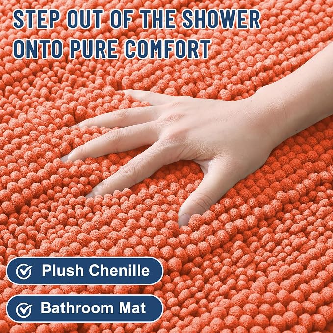 Grandaily Chenille Striped Bathroom Rugs 30x20, Extra Thick and Absorbent Bath Mats, Non-Slip Soft Plush Shaggy Shower Carpet, Machine Wash Dry, Bath Rug for Bathroom, (Medium, Coral Orange)