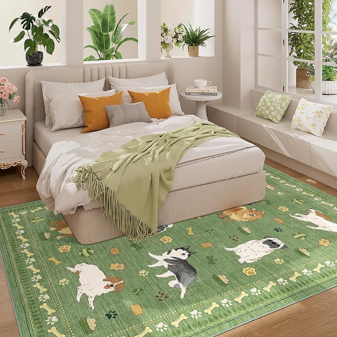 DUKINO 5x7 Rug for Living Room, Lightweight Animal Dog Print Washable Area Rug, Soft Non Slip & Low Pile Floor Mat, Stain Resistant Large Carpet for Bedroom, Nursery, Dining Room, Kids Playroom, Green