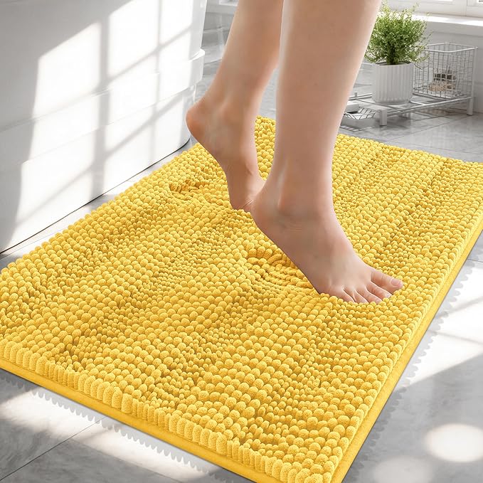 OLANLY Thick Small Bathroom Rugs 24x16, Extra Soft Absorbent Chenille Striped Bath Rugs, Rubber Backing, Machine Wash, Bath Mats for Bathroom Floor, Tub and Shower, Home Decor Accessories, Yellow
