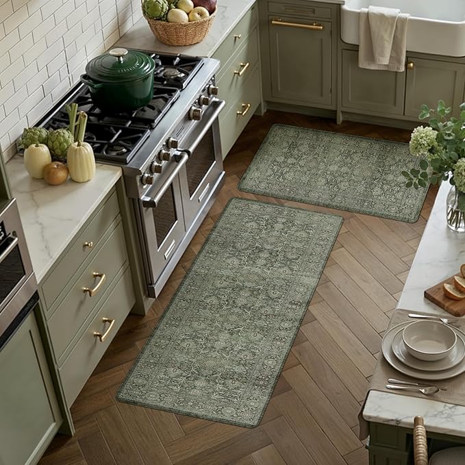 PureCozy Kitchen Mats 2PCS Anti Fatigue Cushioned Mat Green Vintage Kitchen Mats for Floor Waterproof Non Slip Comfort Standing Distressed Rug for Sink Laundry Office 17.3"x47"+17.3"x30"
