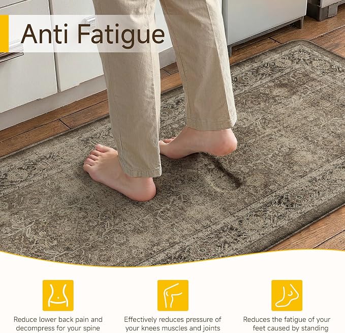 PureCozy Kitchen Mats for Floor Anti Fatigue Cushioned Brown Vintage Kitchen Mats Waterproof Non Slip Comfort Standing Distressed Rug for Sink Laundry Office Bathroom 17.3"x30"