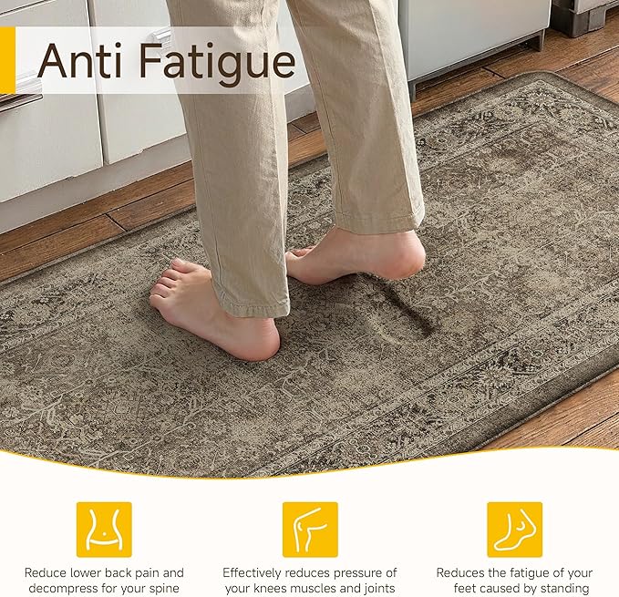 PureCozy Kitchen Mats for Floor Anti Fatigue Cushioned Brown Vintage Kitchen Mats Waterproof Non Slip Comfort Standing Distressed Runner Rug for Sink Laundry Office Bathroom 17.3"x47"