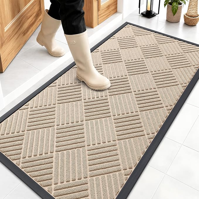 OLANLY Front Door Mat Outside Entrance 47x23, Absorbent, Heavy Duty Sturdy Natural Rubber Doormat Indoor Outdoor, Stain Fade Resistant, Non-Slip Low Profile Floor Mat for Entryway, Latte White Diamond