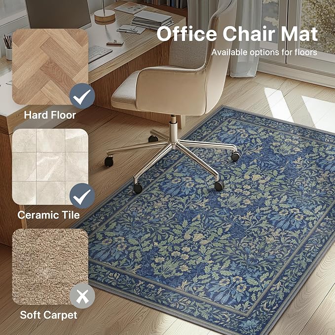 48"x72" Office Chair Mat for Hardwood Tile Floor, Under Desk Carpet Protector for Rolling Computer Chair Mat, Machine Washable Area Rug, Anti-Slip 1/5" Thick Low Pile Thin Vinyl Floor Mat, Dark Blue