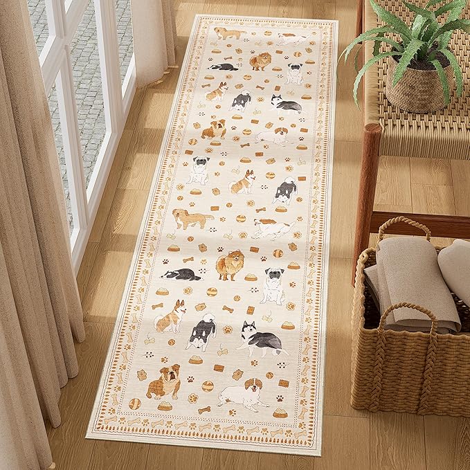 DUKINO 2x6 Washable Runner Rug for Hallway, Non Slip Animal Dog Kitchen Rug with Low Pile Design, Soft Stain Resistant Indoor Carpert Runner for Entryway, Bedroom, Laundry, Bathroom, Beige Yellow