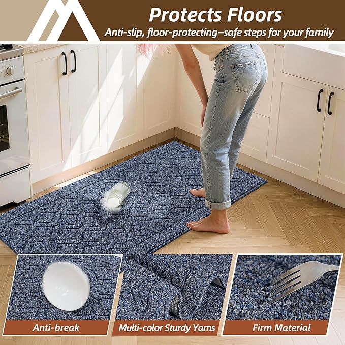 COSY HOMEER Kitchen Rugs Sets 2PCS,Non-Slip Washable Kitchen Mats for Floor,Absorbent and Stain Resistant Kitchen Runner Rugs for Kitchen Sink Laundry Entryway,20"x30"+20"x48",Heather Blue