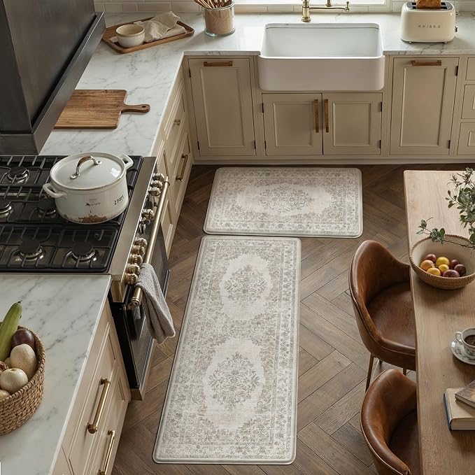PureCozy Kitchen Mats 2PCS Anti Fatigue Cushioned Mat Beige Vintage Kitchen Mats for Floor Waterproof Non Slip Comfort Standing Medallion Floral Rug for Sink Laundry Office 17.3"x47"+17.3"x30"