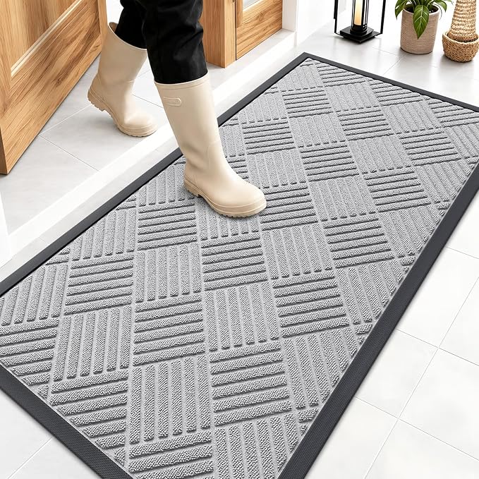 OLANLY Front Door Mat Outside Entrance 47x23, Absorbent, Heavy Duty Sturdy Natural Rubber Doormat Indoor Outdoor, Stain Fade Resistant, Non-Slip Low Profile Floor Mat for Entryway, Light Gray Diamond