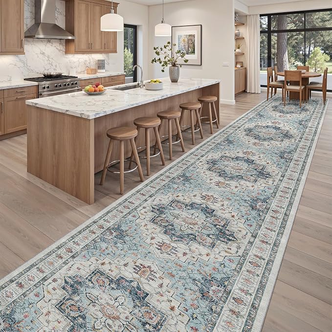 Madane 3x20 Hallway Runner Rug - Extra Long Carpet Runners for Hallways 20ft Non Slip Stain Resistant Rugs Runner for Living Room Bedroom 20 Feet Distressed Floor Carpet for Kitchen, Blue