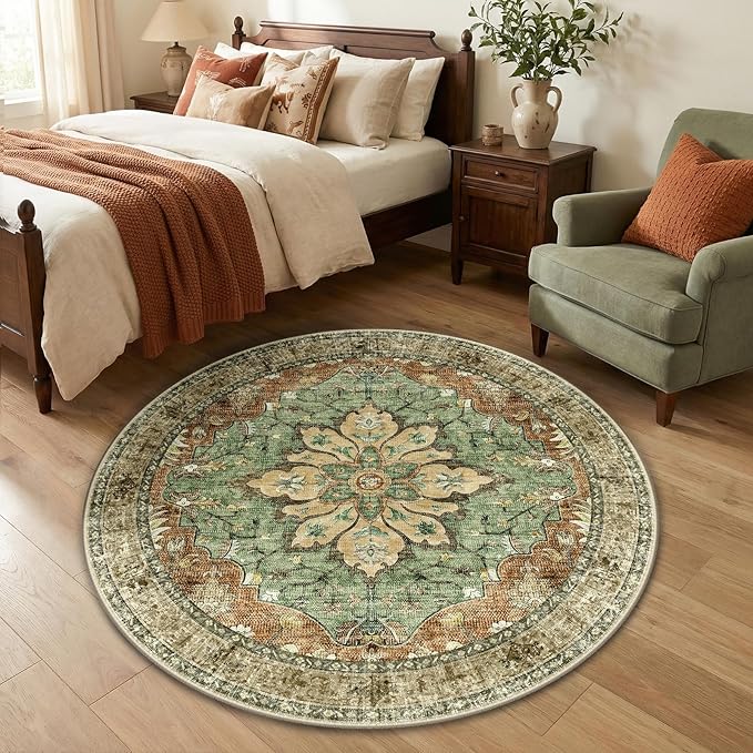 RELEANY Area Rugs Round 4ft Washable Non-Slip, Floral Vintage Distress Medallion Carpet for Living Room Bedroom Dining Room, Terracotta Burnt Orange Green