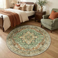 RELEANY Area Rugs Round 4ft Washable Non-Slip, Floral Vintage Distress Medallion Carpet for Living Room Bedroom Dining Room, Terracotta Burnt Orange Green