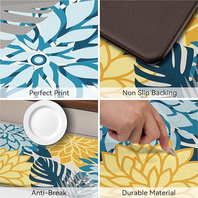Arenarug Kitchen Mats for Floor 2PCS Cushioned Anti Fatigue Kitchen Mats Waterproof Non Slip Kitchen Mat Rug Set Comfort Foam Standing Mat for Sink, Laundry, Office, 24"x39"+24"x59", Yellow Teal