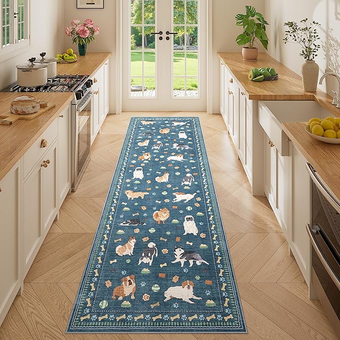 DUKINO 2x6 Washable Runner Rug for Hallway, Non Slip Animal Dog Kitchen Rug with Low Pile Design, Ultra Soft & Stain Resistant Indoor Carpert Runner for Entryway, Bedroom, Laundry, Bathroom, Blue