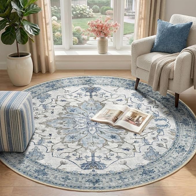 RELEANY Area Rugs Round 4ft Washable Non-Slip, Floral Vintage Distress Medallion Carpet for Living Room Bedroom Dining Room, Light Blue Navy Gray White
