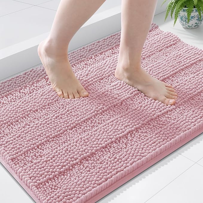 Grandaily Chenille Striped Bathroom Rugs 36x24, Extra Thick and Soft Absorbent Bath Mats, Rubber Backing, Plush Shaggy Shower Carpet, Machine Wash Dry, Bath Rug for Bathroom, Dusty Rose