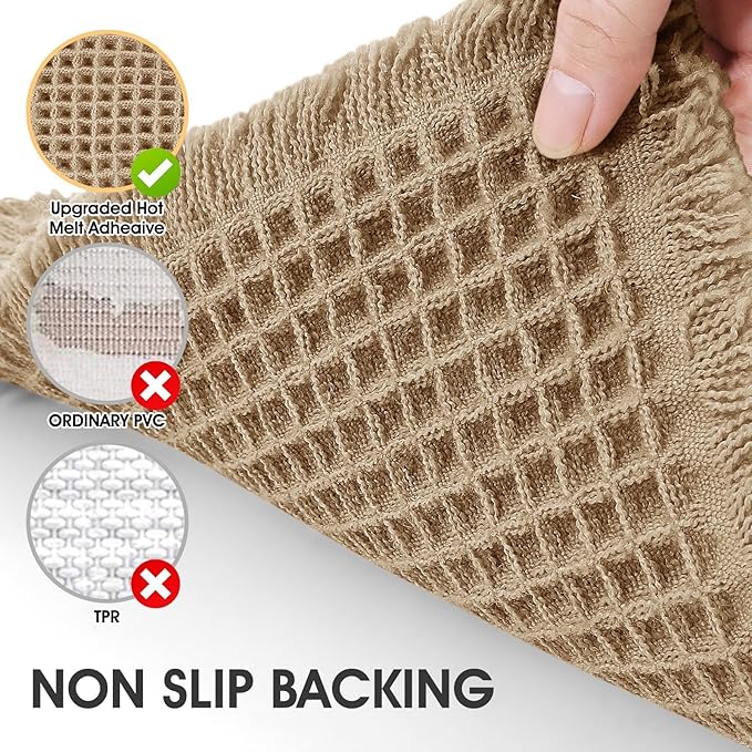 Upgrade Waffle Bath Mat Set 3 Piece, Boho Bathroom Rugs Absorbent Non Slip, Soft Bathroom Mats, Machine Washable Knit Bath Rugs with Herringbones for Bathroom, Bedroom, Kitchen, Shower, Tub, Beige