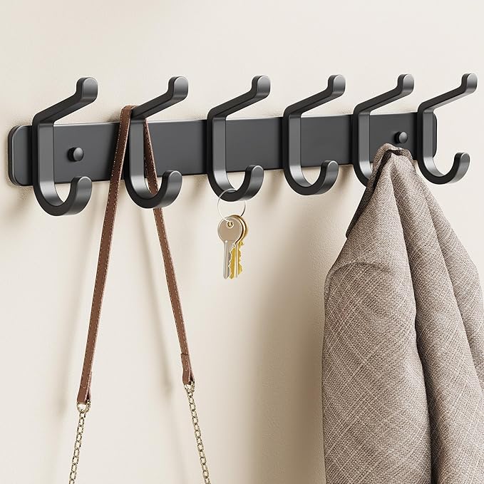 pickpiff Coat Rack Wall Mounted Heavy-Duty: Metal Coat Hanger 6 Hooks for Hanging Hat, Clothes, Robe, Keys, Backpack, Bathroom Towels, Jacket, Purse - Closet, Door, Entryway, Mudroom (Black, 2 Pack)
