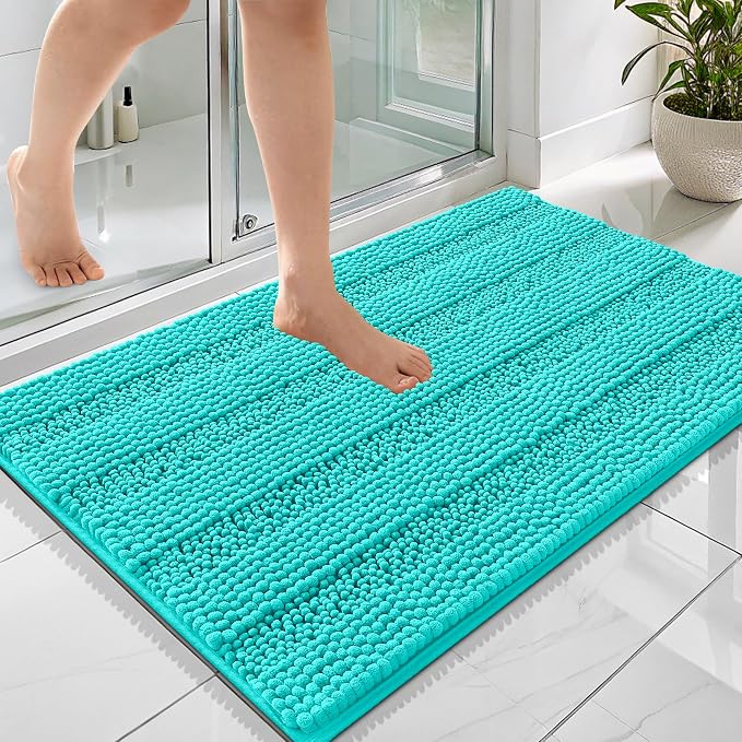 OLANLY Thick Bathroom Rugs 36x24, Extra Soft Absorbent Chenille Striped Bath Rugs, Rubber Backing, Machine Wash Dry, Bath Mats for Bathroom Floor, Tub and Shower, Home Decor Accessories, Teal
